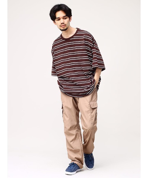 FIRST DOWN（ファーストダウン）の「ボーダー オーバーサイズ ユニセックス Tシャツ（Tシャツ/カットソー・メンズ・ホワイト×ブラック/ブラウン/イエロー・L/M/LL）」の5枚目の写真