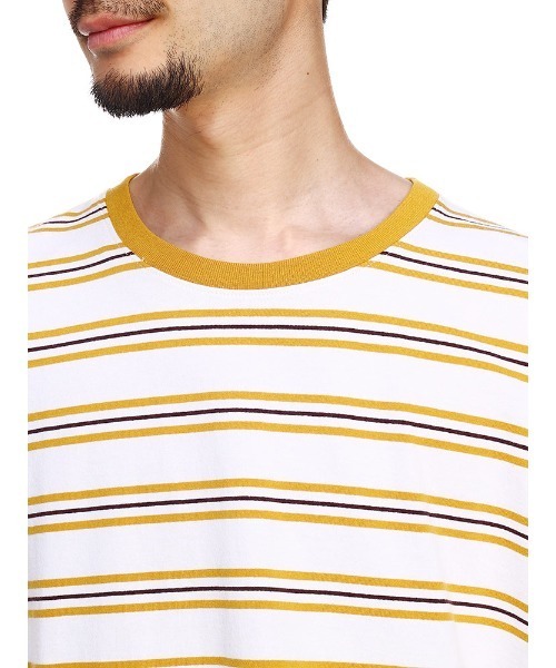 FIRST DOWN（ファーストダウン）の「ボーダー オーバーサイズ ユニセックス Tシャツ（Tシャツ/カットソー・メンズ・ホワイト×ブラック/ブラウン/イエロー・L/M/LL）」の9枚目の写真