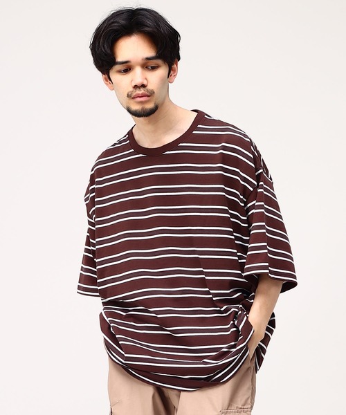 FIRST DOWN（ファーストダウン）の「ボーダー オーバーサイズ ユニセックス Tシャツ（Tシャツ/カットソー・メンズ・ホワイト×ブラック/ブラウン/イエロー・L/M/LL）」の19枚目の写真