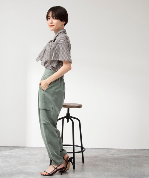 美品NOLLEY'S ノーリーズ ラッフルリボンブラウス 半袖 ストライプ 38 NOLLEY'S（ノーリーズ）の「ラッフルリボンブラウス（シャツ