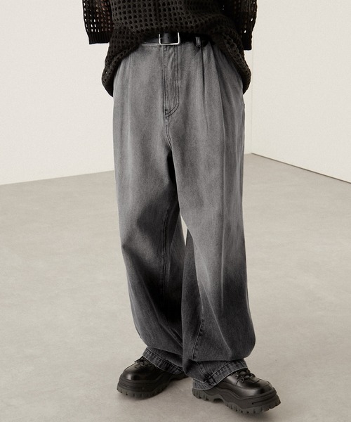 メンズ デニムパンツ グラデーション ブラックデニム a1010 Alfred Alex】gradation wide straight denim pants