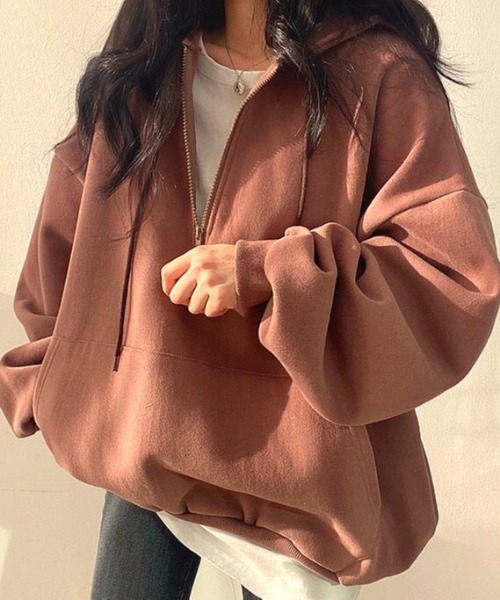 SHEENA(シーナ)の「裏起毛ボリュームスリーブハーフジップトップス(スウェット・レディース・オレンジ/テラコッタ/オフホワイト/グレー・M)」の3枚目の写真