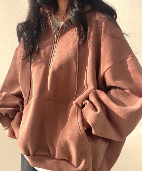 SHEENA(シーナ)の「裏起毛ボリュームスリーブハーフジップトップス(スウェット・レディース・オレンジ/テラコッタ/オフホワイト/グレー・M)」の6枚目の写真