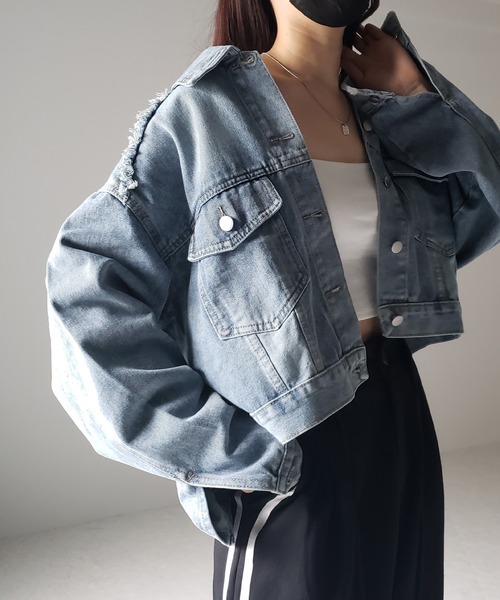 me+em select（ミームセレクト）の「【 ３color 】クロップドウォッシュダメージデニムGジャン（デニムジャケット・レディース・ブラック/ライトブルー/ダークブルー・FREE）」の21枚目の写真