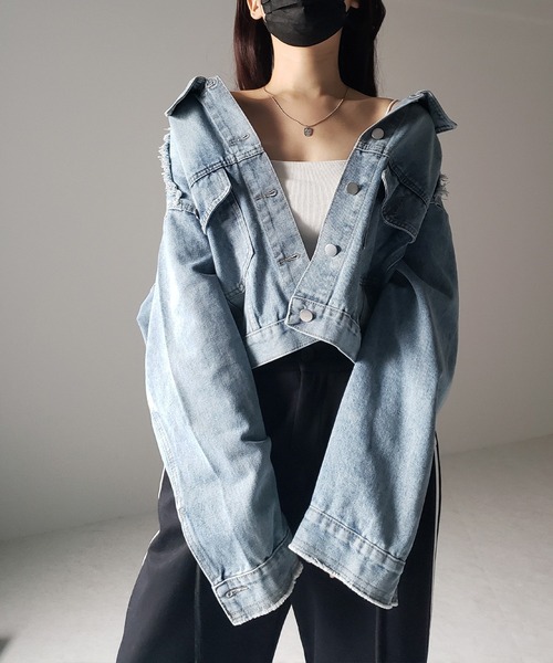 me+em select（ミームセレクト）の「【 ３color 】クロップドウォッシュダメージデニムGジャン（デニムジャケット・レディース・ブラック/ライトブルー/ダークブルー・FREE）」の22枚目の写真