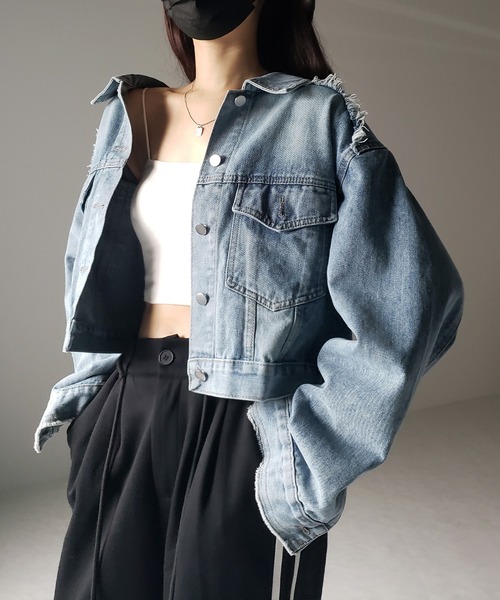 me+em select（ミームセレクト）の「【 ３color 】クロップドウォッシュダメージデニムGジャン（デニムジャケット・レディース・ブラック/ライトブルー/ダークブルー・FREE）」の20枚目の写真