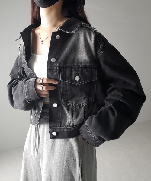 me+em select（ミームセレクト）の「【 ３color 】クロップドウォッシュダメージデニムGジャン（デニムジャケット・レディース・ブラック/ライトブルー/ダークブルー・FREE）」の4枚目の写真