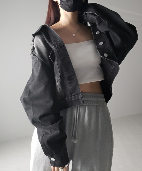 me+em select（ミームセレクト）の「【 ３color 】クロップドウォッシュダメージデニムGジャン（デニムジャケット・レディース・ブラック/ライトブルー/ダークブルー・FREE）」の5枚目の写真