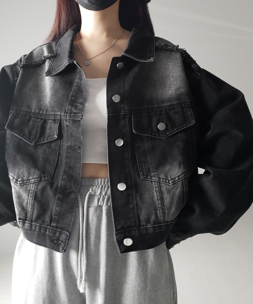 me+em select（ミームセレクト）の「【 ３color 】クロップドウォッシュダメージデニムGジャン（デニムジャケット・レディース・ブラック/ライトブルー/ダークブルー・FREE）」の6枚目の写真