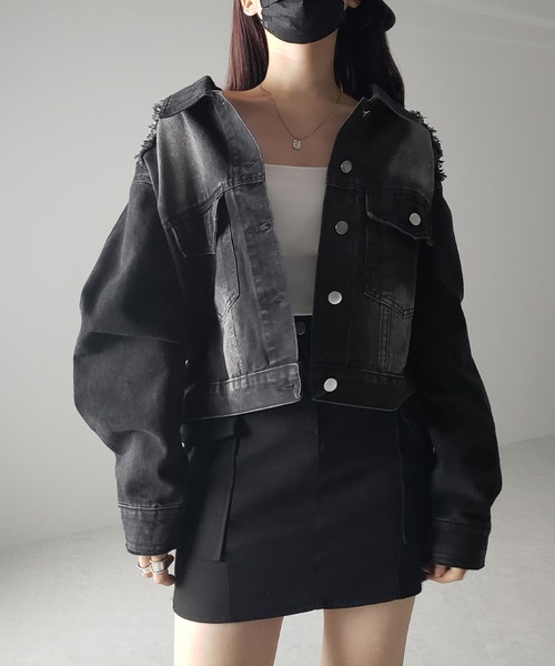 me+em select（ミームセレクト）の「【 ３color 】クロップドウォッシュダメージデニムGジャン（デニムジャケット・レディース・ブラック/ライトブルー/ダークブルー・FREE）」の7枚目の写真