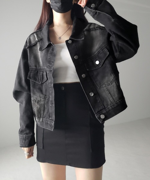 me+em select（ミームセレクト）の「【 ３color 】クロップドウォッシュダメージデニムGジャン（デニムジャケット・レディース・ブラック/ライトブルー/ダークブルー・FREE）」の8枚目の写真