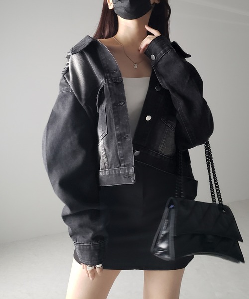 me+em select（ミームセレクト）の「【 ３color 】クロップドウォッシュダメージデニムGジャン（デニムジャケット・レディース・ブラック/ライトブルー/ダークブルー・FREE）」の9枚目の写真