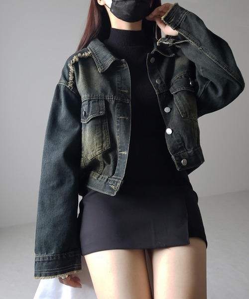 me+em select（ミームセレクト）の「【 ３color 】クロップドウォッシュダメージデニムGジャン（デニムジャケット・レディース・ブラック/ライトブルー/ダークブルー・FREE）」の17枚目の写真