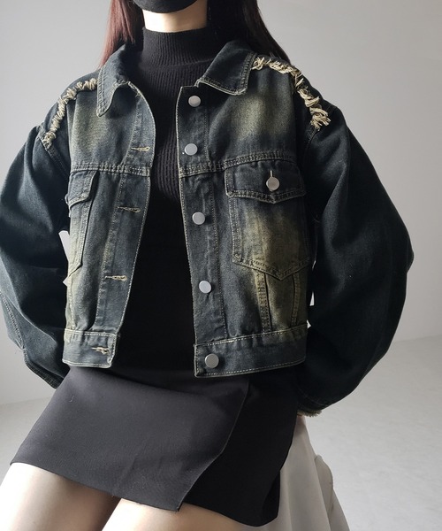 me+em select（ミームセレクト）の「【 ３color 】クロップドウォッシュダメージデニムGジャン（デニムジャケット・レディース・ブラック/ライトブルー/ダークブルー・FREE）」の16枚目の写真