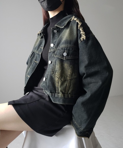 me+em select（ミームセレクト）の「【 ３color 】クロップドウォッシュダメージデニムGジャン（デニムジャケット・レディース・ブラック/ライトブルー/ダークブルー・FREE）」の18枚目の写真