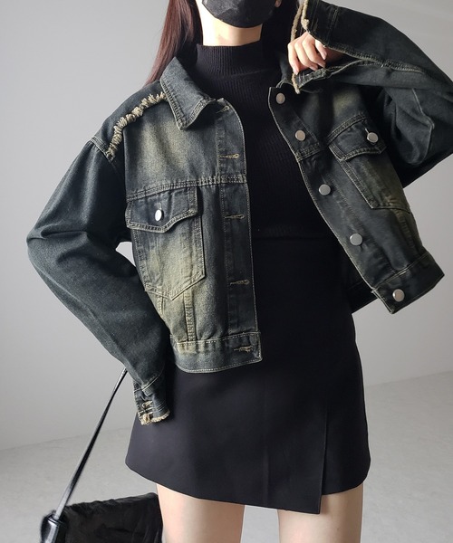 me+em select（ミームセレクト）の「【 ３color 】クロップドウォッシュダメージデニムGジャン（デニムジャケット・レディース・ブラック/ライトブルー/ダークブルー・FREE）」の15枚目の写真