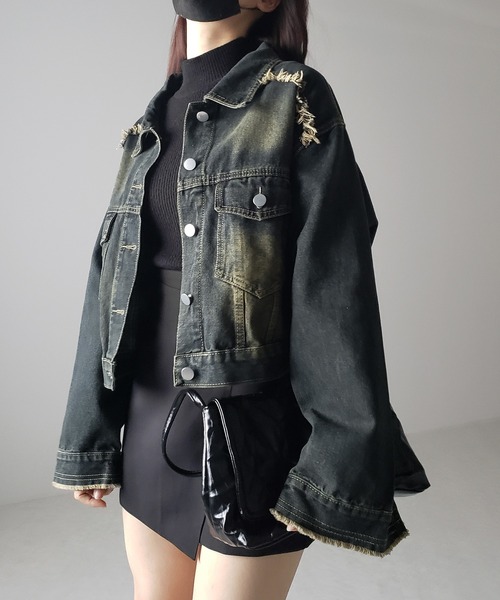 me+em select（ミームセレクト）の「【 ３color 】クロップドウォッシュダメージデニムGジャン（デニムジャケット・レディース・ブラック/ライトブルー/ダークブルー・FREE）」の12枚目の写真