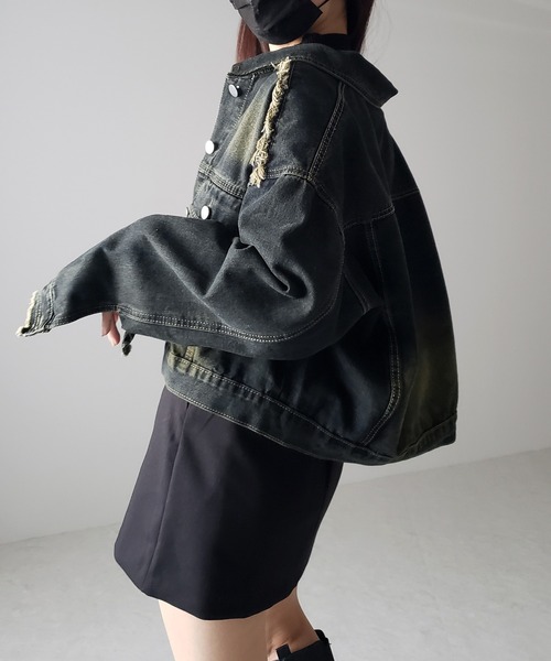 me+em select（ミームセレクト）の「【 ３color 】クロップドウォッシュダメージデニムGジャン（デニムジャケット・レディース・ブラック/ライトブルー/ダークブルー・FREE）」の13枚目の写真