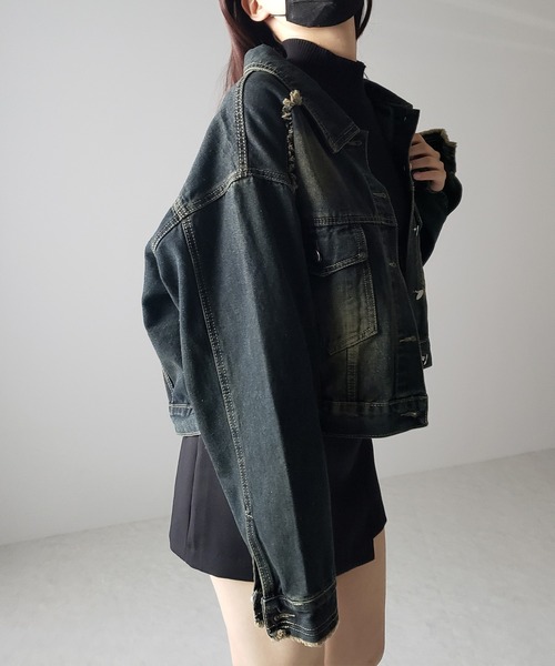 me+em select（ミームセレクト）の「【 ３color 】クロップドウォッシュダメージデニムGジャン（デニムジャケット・レディース・ブラック/ライトブルー/ダークブルー・FREE）」の14枚目の写真