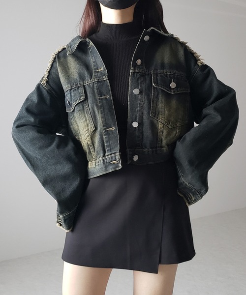 me+em select（ミームセレクト）の「【 ３color 】クロップドウォッシュダメージデニムGジャン（デニムジャケット・レディース・ブラック/ライトブルー/ダークブルー・FREE）」の11枚目の写真