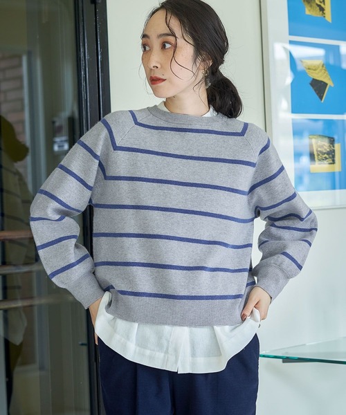 studio CLIP（スタディオクリップ）の「【マシンウォッシャブル/速乾】ソフィニー12ゲージボーダープルオーバー（ニット/セーター・レディース・ライトグレー/カーキ/ベージュ/オレンジ/モカ/ライトグリーン/キャメル・LARGE/MEDIUM）」の2枚目の写真