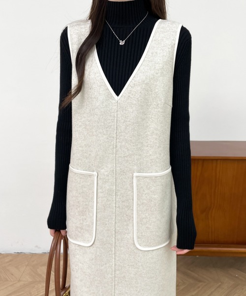 ABITOKYO(アビトーキョー)の「ミックス調ニットメルトンVネックパイピングジャンパースカート(ジャンパースカート・レディース・ブラック/ネイビー/グレー・M/L)」の14枚目の写真