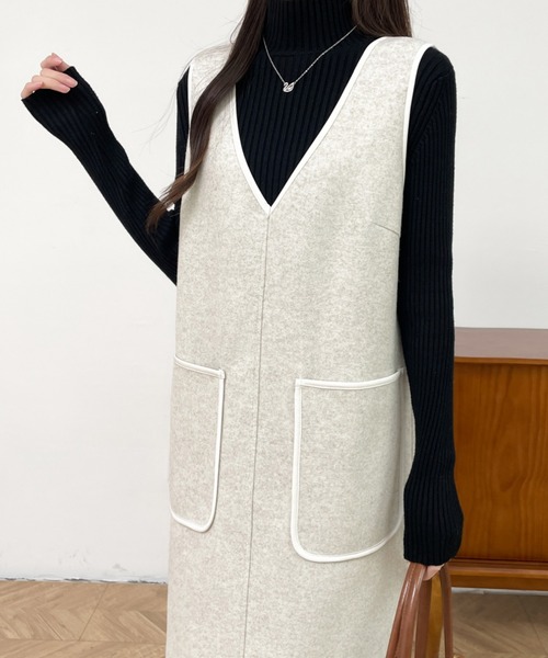 ABITOKYO(アビトーキョー)の「ミックス調ニットメルトンVネックパイピングジャンパースカート(ジャンパースカート・レディース・ブラック/ネイビー/グレー・M/L)」の22枚目の写真
