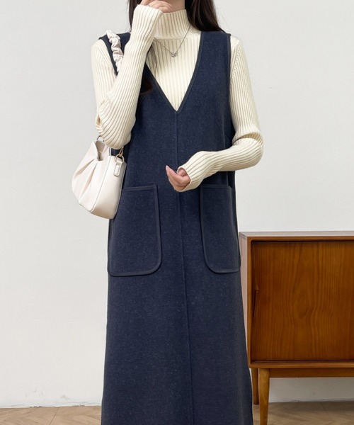 ABITOKYO(アビトーキョー)の「ミックス調ニットメルトンVネックパイピングジャンパースカート(ジャンパースカート・レディース・ブラック/ネイビー/グレー・M/L)」の13枚目の写真