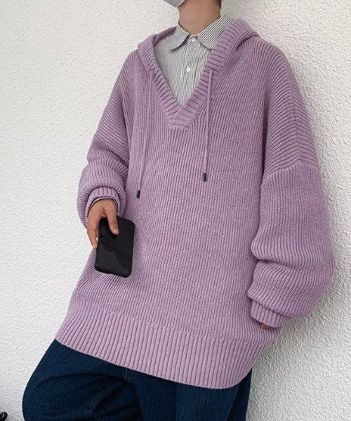 MGV（エムジーヴィー）の「Vネックパーカーニット（ニット/セーター・メンズ・ブラック/パープル/アイボリー/グレー/ライトブルー・MEDIUM/LARGE/X-LARGE）」の5枚目の写真