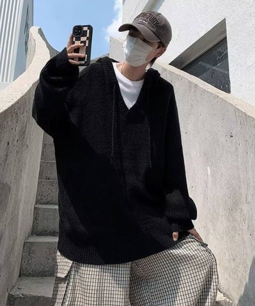 MGV（エムジーヴィー）の「Vネックパーカーニット（ニット/セーター・メンズ・ブラック/パープル/アイボリー/グレー/ライトブルー・MEDIUM/LARGE/X-LARGE）」の7枚目の写真