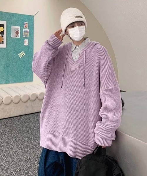 MGV（エムジーヴィー）の「Vネックパーカーニット（ニット/セーター・メンズ・ブラック/パープル/アイボリー/グレー/ライトブルー・MEDIUM/LARGE/X-LARGE）」の9枚目の写真