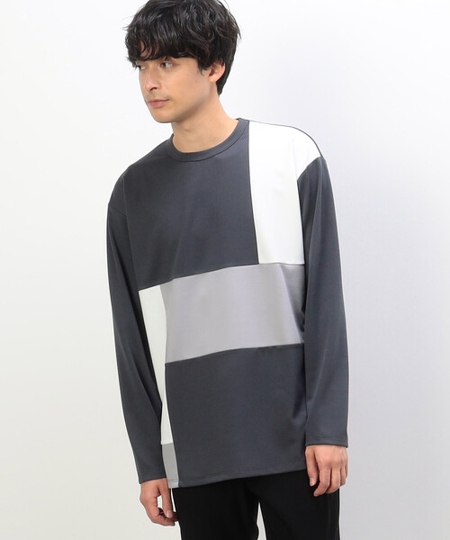 COMME CA ISM(コムサイズム)の「パッチワーク クルーネック ロングスリーブ Tシャツ(Tシャツ/カットソー・メンズ・ブルー/ホワイト/チャコール・MEDIUM/LARGE)」の2枚目の写真