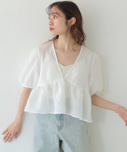 CLEIO(クレイオ)の「【CLEIO】Vネックパフスリーブシアー半袖ブラウス/V-NECK PUFF SLEEVE SHEER BLOUSE/293-11642(シャツ/ブラウス・レディース・オフホワイト/ブラック・FREE)」の1枚目の写真