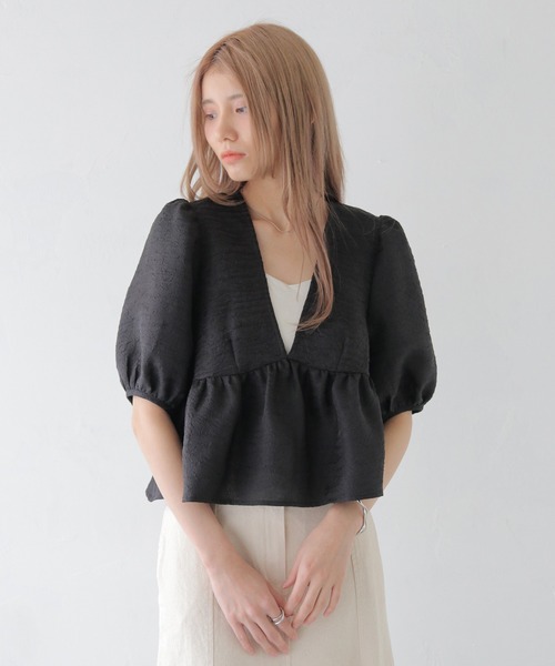 CLEIO(クレイオ)の「【CLEIO】Vネックパフスリーブシアー半袖ブラウス/V-NECK PUFF SLEEVE SHEER BLOUSE/293-11642(シャツ/ブラウス・レディース・オフホワイト/ブラック・FREE)」の12枚目の写真