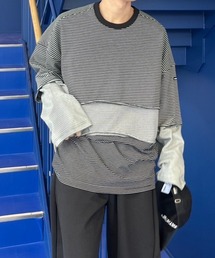 AJOBYAJO | 韓国ブランド AJOBYAJO アジョバイアジョ Layered Stripe Long Sleeve Top レイヤードトップス ストライプ ロンT ボーダーロンT オーバーサイズ 長袖トップス 韓国ストリート 韓国ファッション(Tシャツ/カットソー)