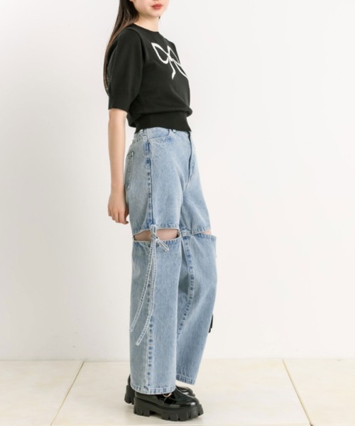 OLIVE des OLIVE サイドスリットリボンデニムパンツ 新色追加/S・Mサイズ展開】サイドスリットリボンデニムパンツ