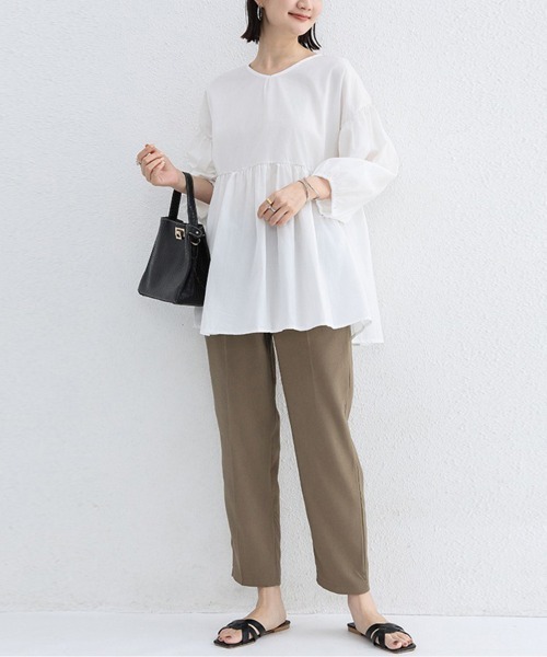 Doux Belle(ドゥーベル)の「七分丈ドロップショルダートップス(Tシャツ/カットソー・レディース・グレイッシュベージュ/グリーン/ホワイト/ブラック・FREE)」の20枚目の写真