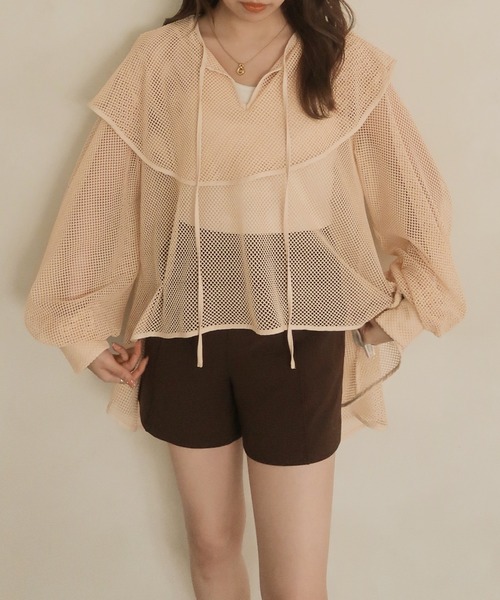 mideal(マイディール)の「mesh frill tops / メッシュフリルトップス(Tシャツ/カットソー・レディース・ベージュ・FREE)」の5枚目の写真