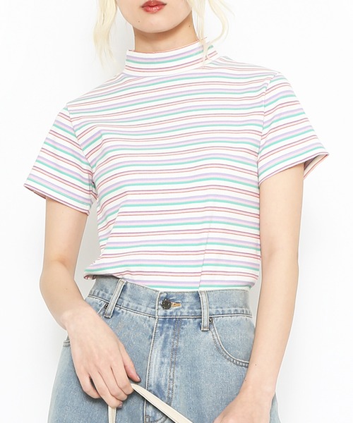 PUNYUS（プニュズ）の「マルチボーダーハイネックリブＴシャツ（Tシャツ/カットソー・レディース・オレンジ/ピンク・1/2/3/4）」の2枚目の写真