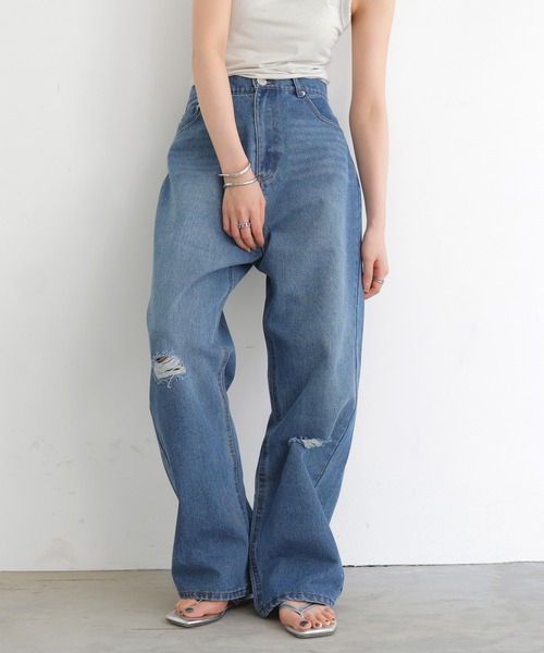 セール】ダメージデニムワイドパンツ（デニムパンツ）｜LIAN（リアン