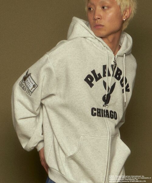 PLAYBOY（プレイボーイ）の「【SEQUENZ（シークエンズ）】PB O.G FULL ZIP HOODIE / ジップパーカー オーバーサイズ 刺繍 裏起毛 センターロゴ（パーカー・メンズ・ブラック/A/アッシュグレー・X-LARGE/LARGE/MEDIUM）」の2枚目の写真