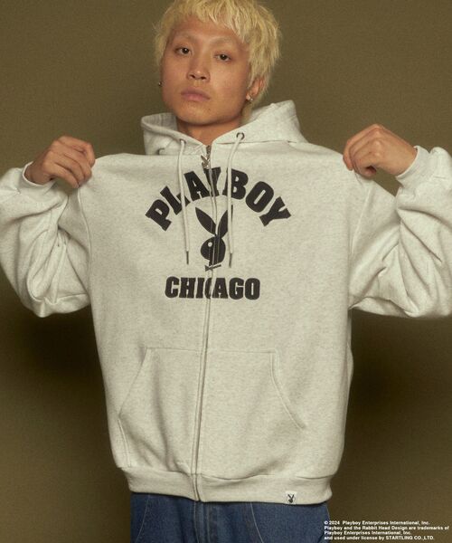 PLAYBOY（プレイボーイ）の「【SEQUENZ（シークエンズ）】PB O.G FULL ZIP HOODIE / ジップパーカー オーバーサイズ 刺繍 裏起毛 センターロゴ（パーカー・メンズ・ブラック/A/アッシュグレー・X-LARGE/LARGE/MEDIUM）」の5枚目の写真