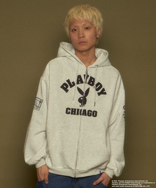 PLAYBOY（プレイボーイ）の「【SEQUENZ（シークエンズ）】PB O.G FULL ZIP HOODIE / ジップパーカー オーバーサイズ 刺繍 裏起毛 センターロゴ（パーカー・メンズ・ブラック/A/アッシュグレー・X-LARGE/LARGE/MEDIUM）」の6枚目の写真