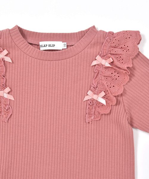 SLAP SLIP（スラップスリップ）の「無地ボーダー花柄肩フリルリボン付き長袖Tシャツ(80~130cm)（Tシャツ/カットソー・キッズ・ピンク/ホワイト系その他2/グレー・80ｃｍ/90cm/110cm/100cm/120cm/130cm）」の8枚目の写真
