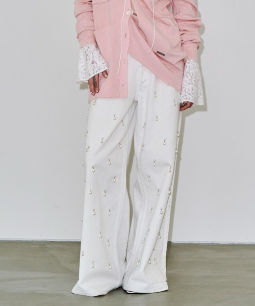 JOSE MOON（ジョゼムーン）の「WIDE DENIM PANTS with PEARL/ワイドデニムパンツウィズパール（デニムパンツ・レディース・ブラック/ブルー/ホワイト・36/34/38）」の3枚目の写真