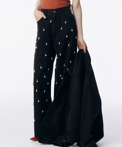 WIDE DENIM PANTS with PEARL/ワイドデニムパンツウィズパール（デニム