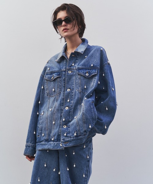 WIDE DENIM PANTS with PEARL/ワイドデニムパンツウィズパール（デニム