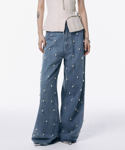 WIDE DENIM PANTS with PEARL/ワイドデニムパンツウィズパール（デニム