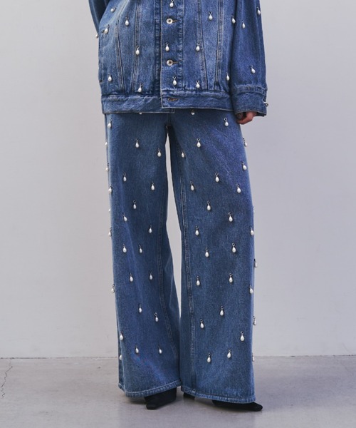WIDE DENIM PANTS with PEARL/ワイドデニムパンツウィズパール（デニム