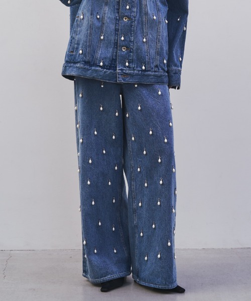 WIDE DENIM PANTS with PEARL/ワイドデニムパンツウィズパール（デニム